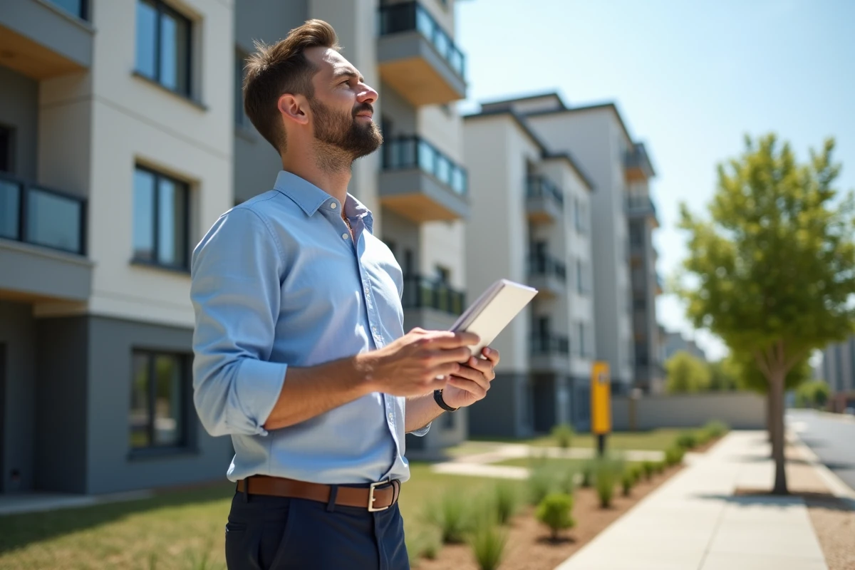 Homme visitant un immeuble résidentiel dans le cadre d'un projet d'achat immobilier à 150 000 euros