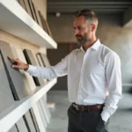 Architecte examinant des nouveaux panneaux en ciment dans un showroom de matériaux de construction modernes