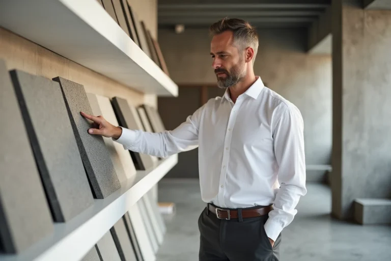 Architecte examinant des nouveaux panneaux en ciment dans un showroom de matériaux de construction modernes