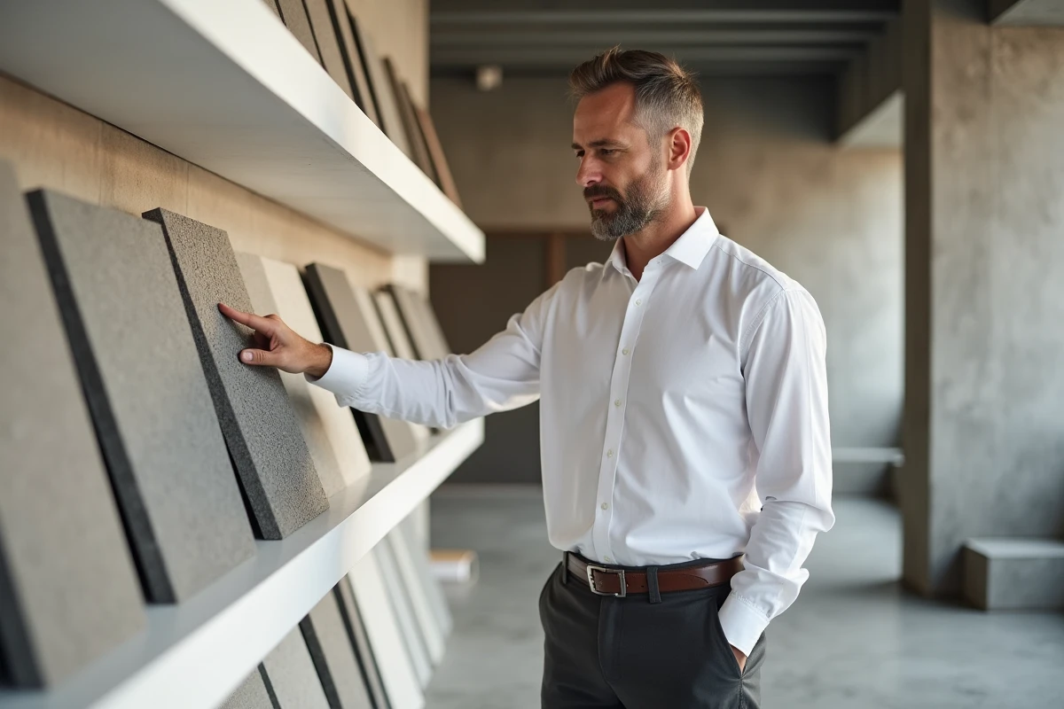 Architecte examinant des nouveaux panneaux en ciment dans un showroom de matériaux de construction modernes