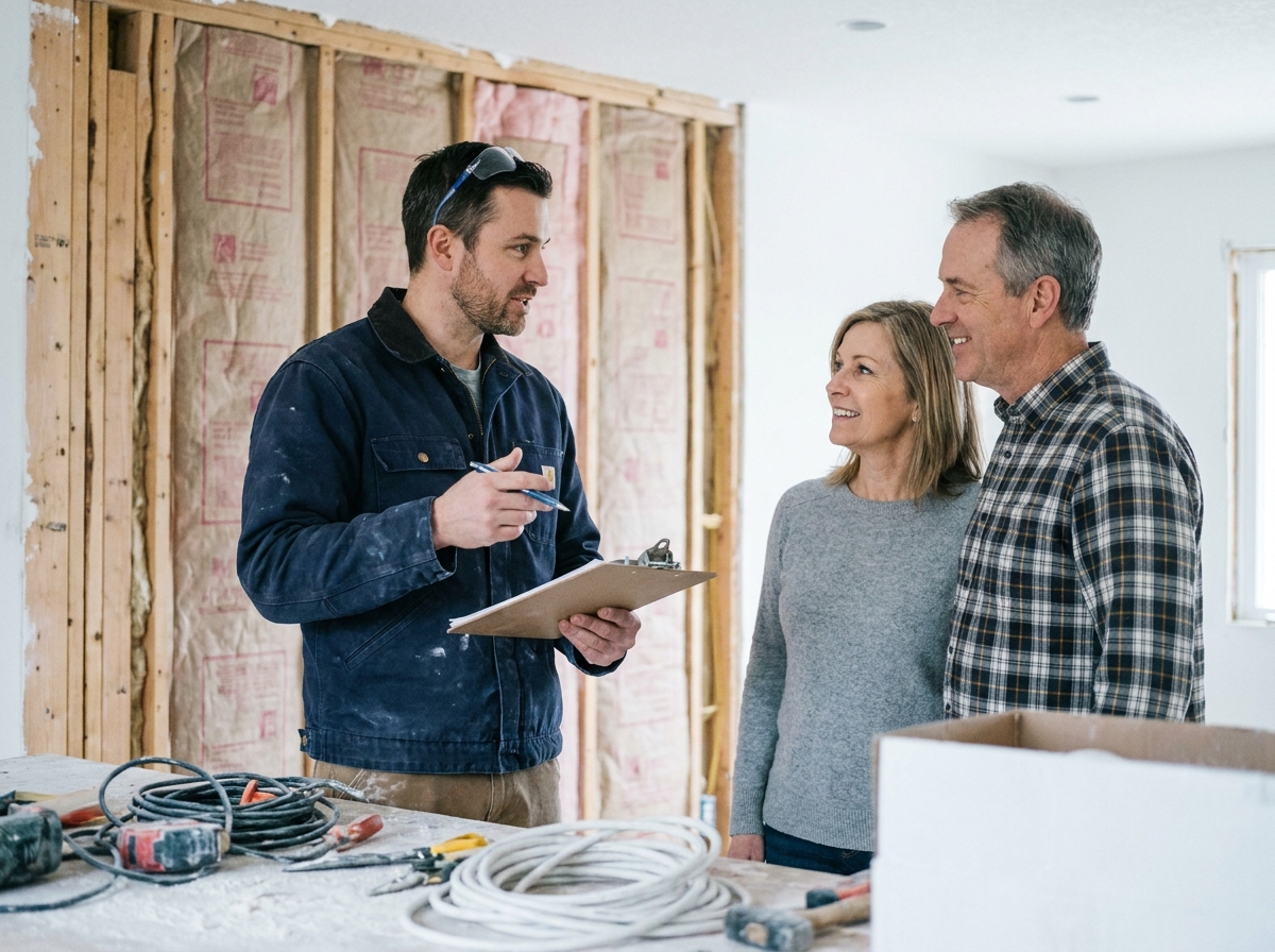 Artisan RGE expliquant un devis de rénovation énergétique à un couple de propriétaires