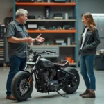 Mecanicien expliquant la transformation d'une moto à une jeune femme