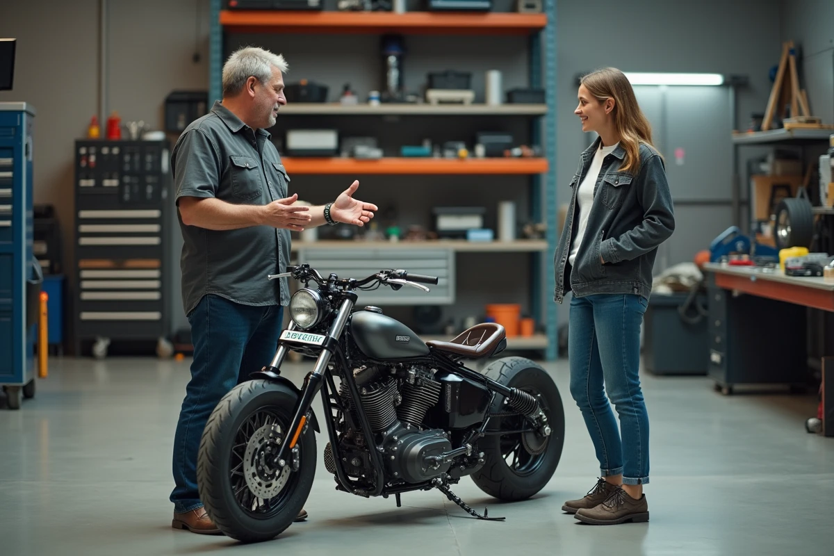 Mecanicien expliquant la transformation d'une moto à une jeune femme