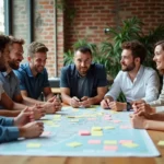 Groupe de professionnels participant à un atelier team building dans un espace de coworking moderne à Rennes