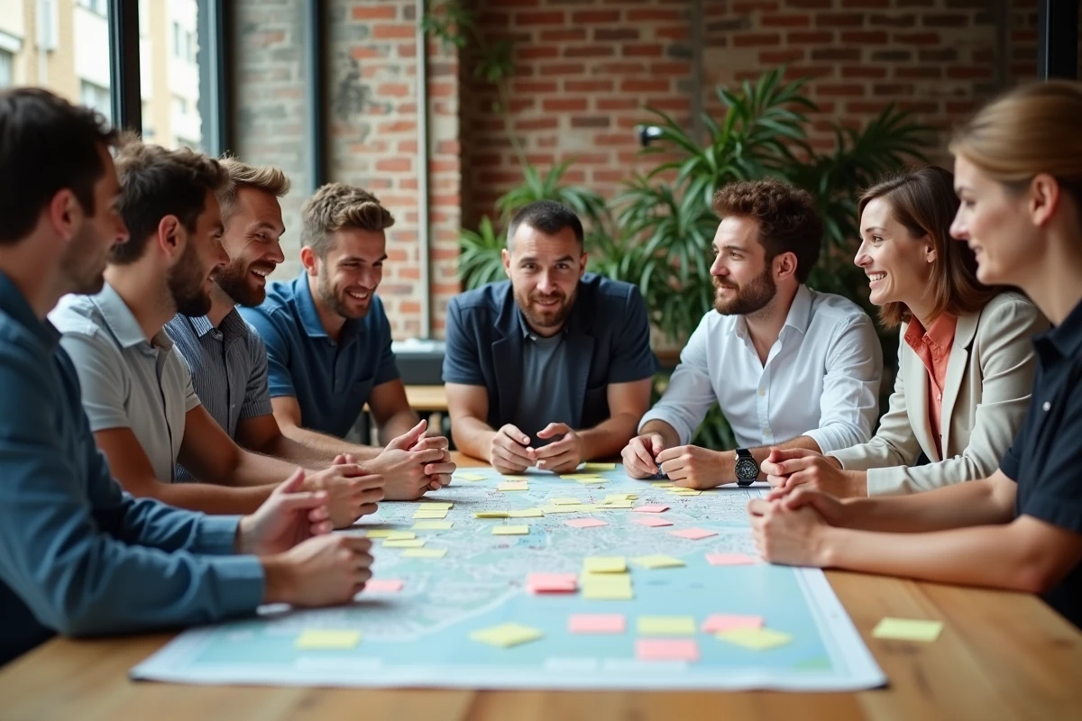 Groupe de professionnels participant à un atelier team building dans un espace de coworking moderne à Rennes