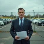 Avocat tenant des documents judiciaires devant un parking de véhicules sous scellés avec grillage et ruban de signalisation