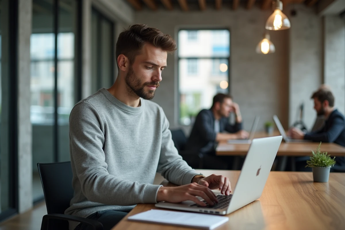 Homme blogueur professionnel prenant des notes légales sur ordinateur dans un espace de coworking