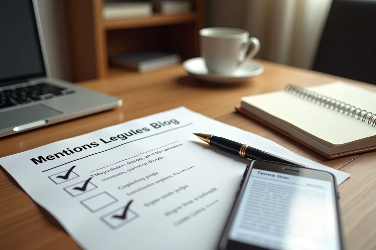 Vue du dessus d'un bureau avec checklist des mentions légales obligatoires pour un blog professionnel