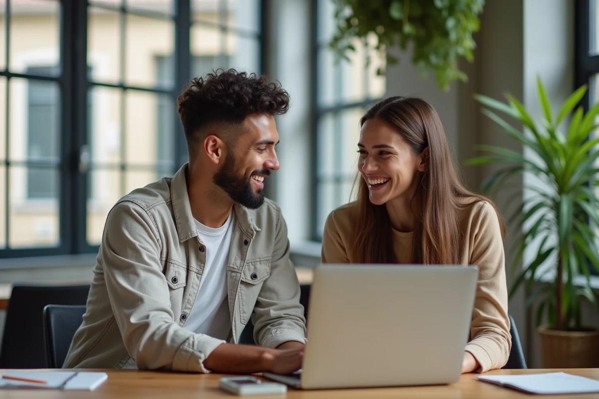 Deux collègues partageant un ordinateur portable dans un espace de coworking moderne à Rennes en Bretagne