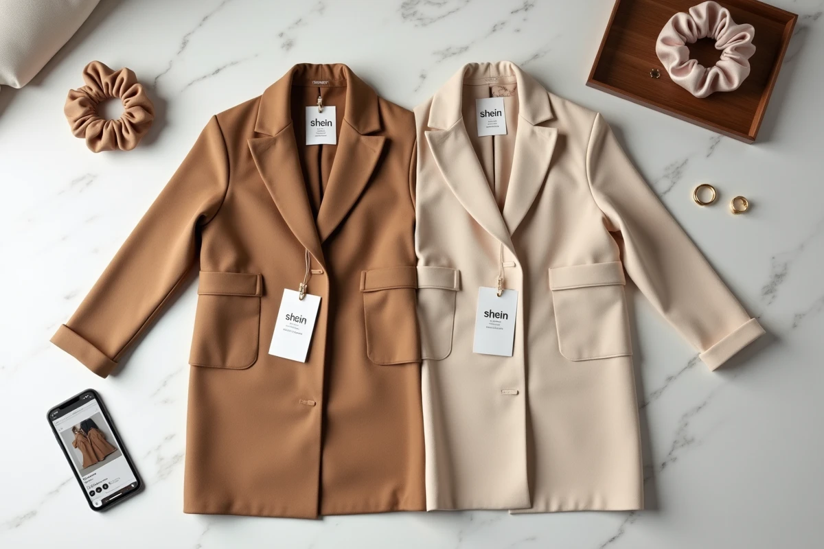 Comparaison à plat de deux manteaux similaires Zara et Shein sur une surface en marbre blanc avec un smartphone affichant l'application Shein