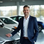 Conseiller commercial en concession automobile présentant un SUV argenté à l'intérieur d'un showroom moderne