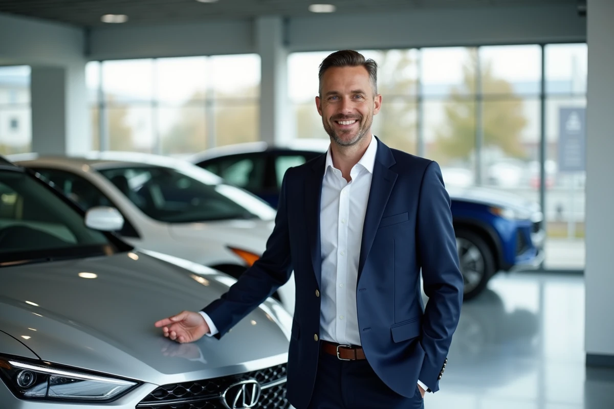 Conseiller commercial en concession automobile présentant un SUV argenté à l'intérieur d'un showroom moderne