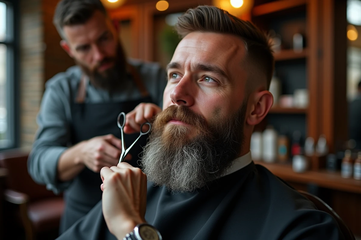 Barbier professionnel taillant la barbe d'un client avec des ciseaux dans un salon de coiffure traditionnel