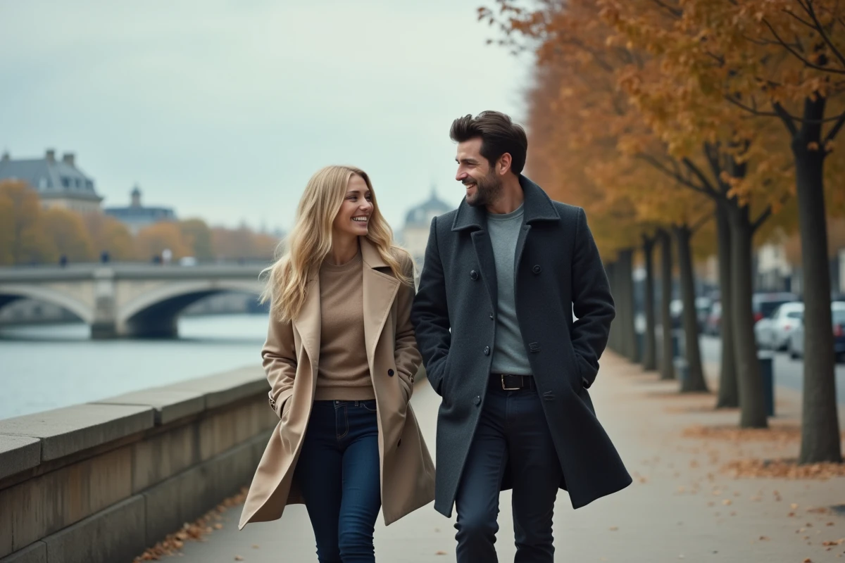 Femme blonde et homme brun en manteaux marchant et riant ensemble sur les quais de la Seine à Paris en automne