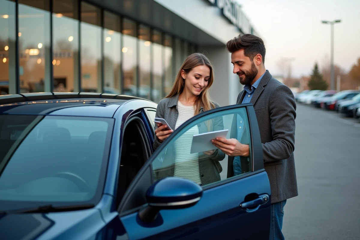 Couple examinant une citadine bleue dans le parking extérieur d'un concessionnaire automobile