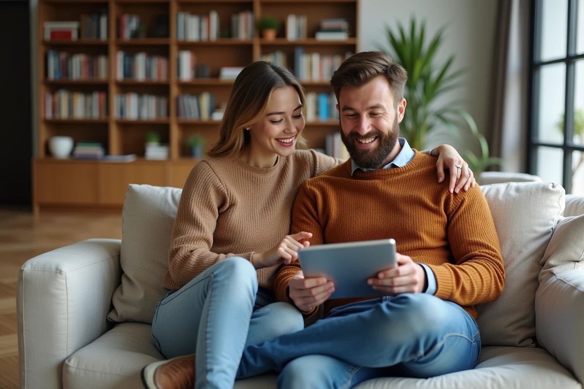 Couple utilisant une tablette pour consulter le plan du site d'une plateforme immobilière depuis leur salon