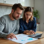 Couple étudiant des documents de prêt immobilier à la table de leur cuisine moderne