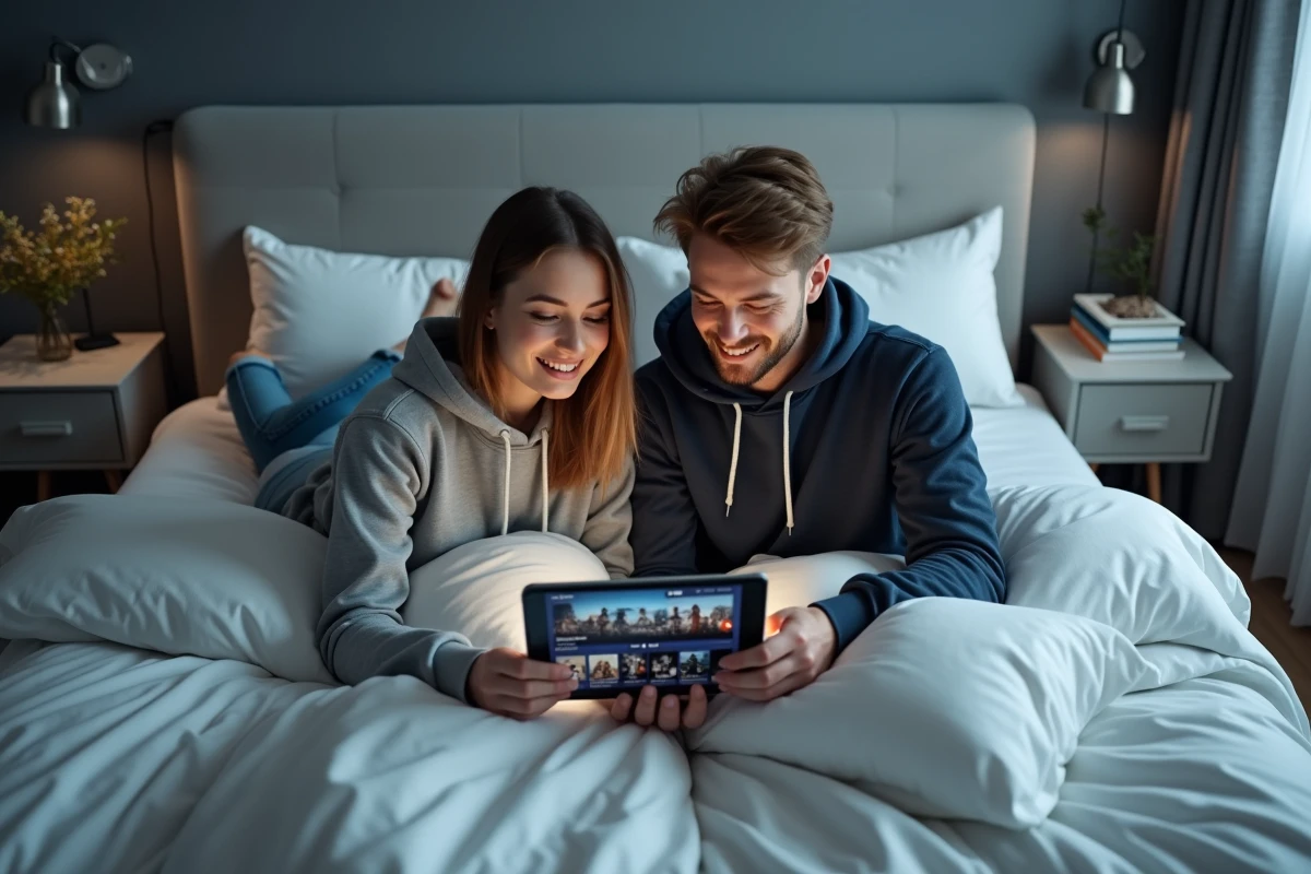 Couple regardant un film en streaming sur tablette allongé dans une chambre moderne
