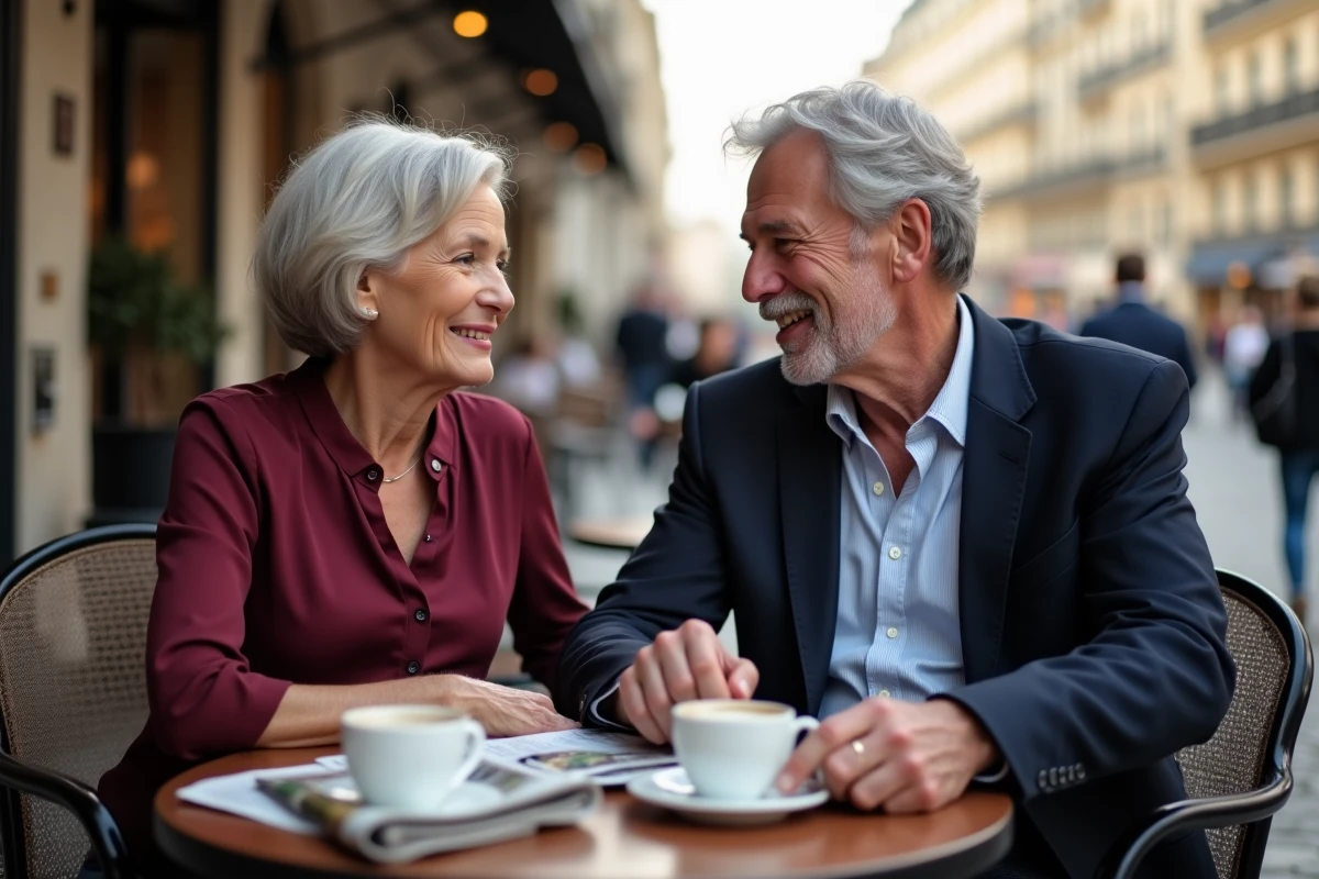 Couple mature attablé en terrasse de café parisien avec vue sur boulevard haussmannien en arrière-plan