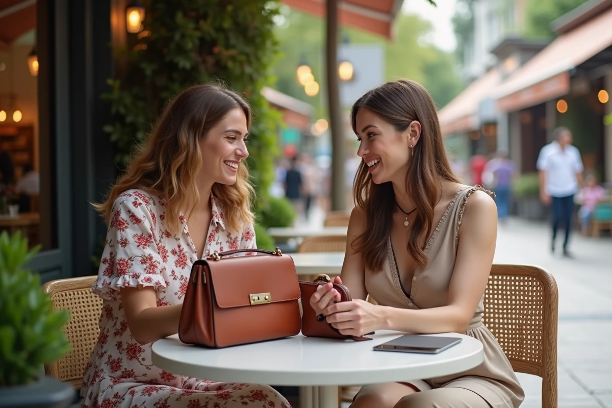 Deux femmes discutant d accessoires dans un café en ville