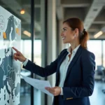 Femme d'affaires analysant une carte de l'Europe dans un bureau moderne pour développer une stratégie d'expansion commerciale
