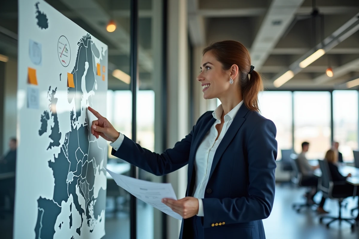 Femme d'affaires analysant une carte de l'Europe dans un bureau moderne pour développer une stratégie d'expansion commerciale