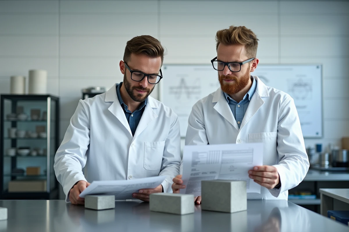 Deux développeurs de produits analysant de nouveaux blocs de test en ciment dans un laboratoire de recherche sur les matériaux