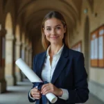Jeune diplômée tenant son diplôme de master 2 bac+6 dans un couloir universitaire français