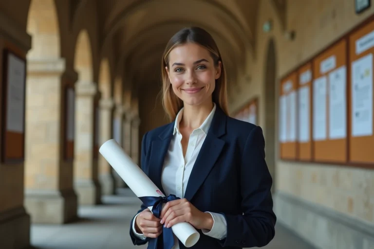 Jeune diplômée tenant son diplôme de master 2 bac+6 dans un couloir universitaire français