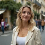 Jeune femme blonde en blazer crème dans une rue pavée parisienne devant un immeuble haussmannien