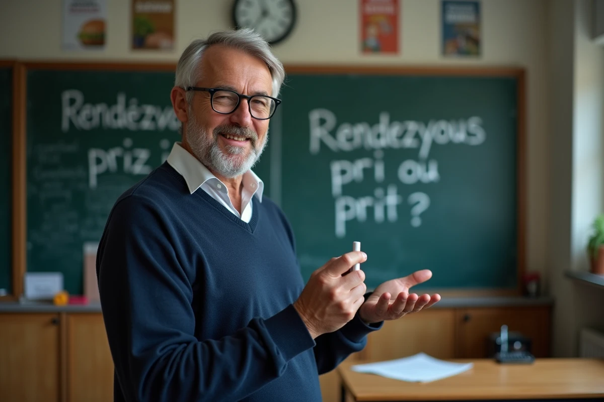 Professeur devant tableau avec phrases françaises écrites