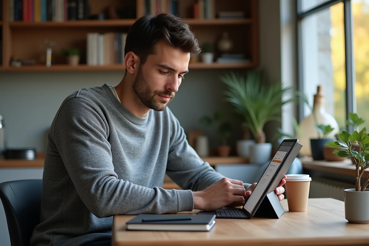 Entrepreneur travaillant depuis chez lui sur le CRM gratuit HubSpot via une tablette
