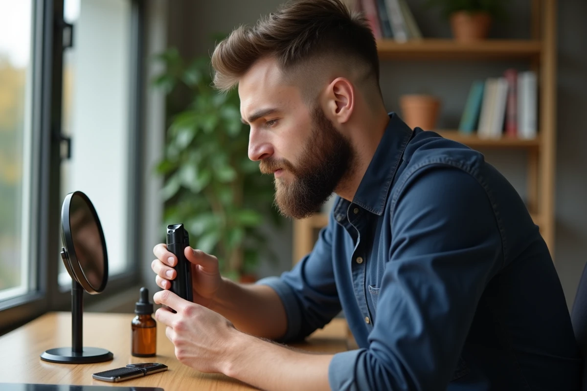 Homme examinant sa barbe courte avec un miroir grossissant et une tondeuse de précision dans un intérieur domestique