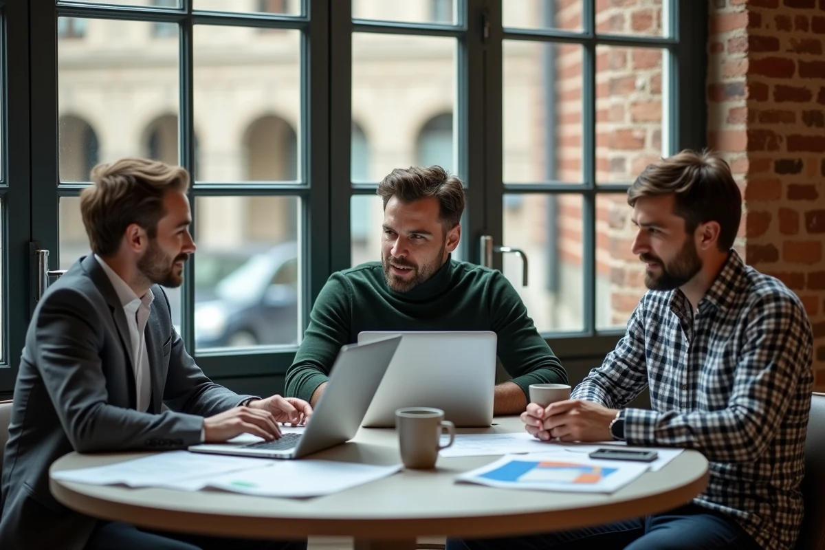 Equipo multicultural de profesionales colaborando alrededor de una mesa en un espacio de coworking europeo para desarrollar su empresa