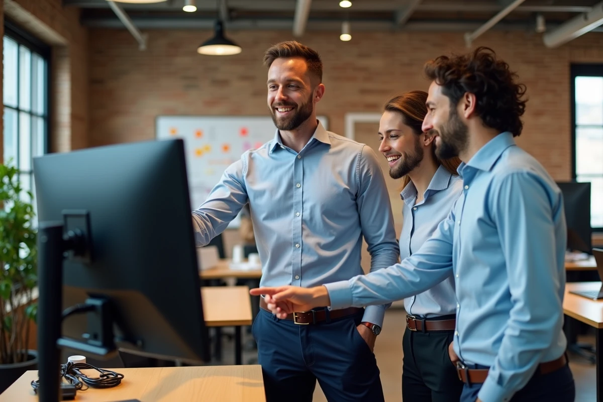 Équipe startup collaborant sur un tableau de bord CRM HubSpot dans un bureau au style industriel