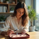 Femme regardant un collier argenté dans un bureau lumineux