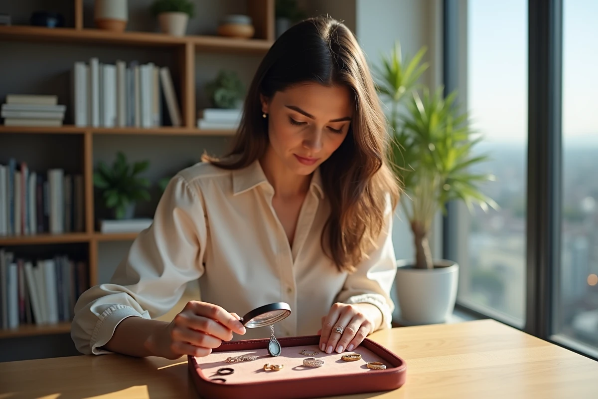 Femme regardant un collier argenté dans un bureau lumineux