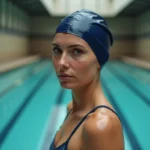 Femme portant un bonnet de bain bleu marine à la piscine de la Butte aux Cailles à Paris