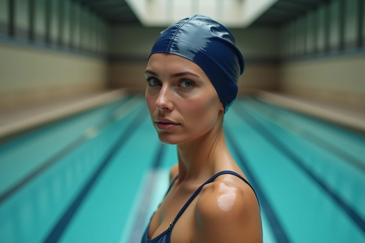Femme portant un bonnet de bain bleu marine à la piscine de la Butte aux Cailles à Paris