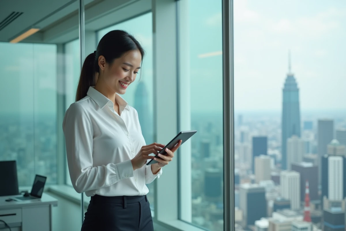 Femme lisant une tablette dans un bureau à Tokyo
