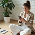 Jeune femme comparant des vêtements Zara et Shein sur son smartphone dans un appartement moderne minimaliste