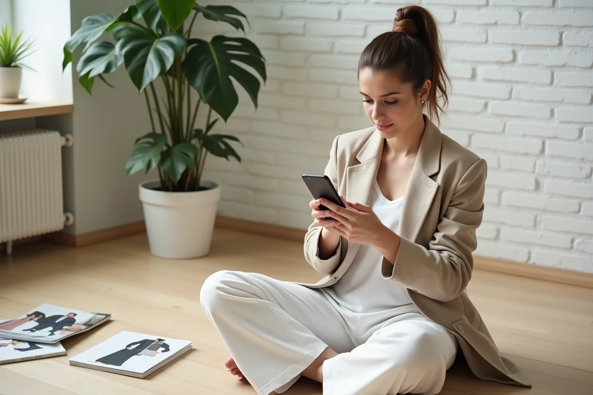 Jeune femme comparant des vêtements Zara et Shein sur son smartphone dans un appartement moderne minimaliste