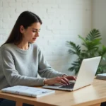 Femme consultant le plan du site d'une plateforme immobilière sur un ordinateur portable dans un bureau à domicile