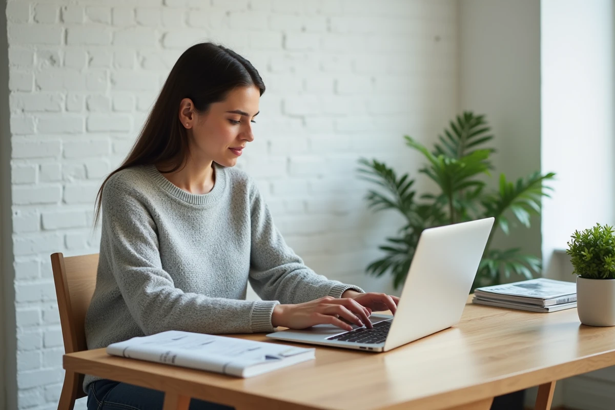 Femme consultant le plan du site d'une plateforme immobilière sur un ordinateur portable dans un bureau à domicile