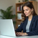 Femme professionnelle utilisant un outil de création de CV en ligne sur son ordinateur portable dans un bureau à domicile