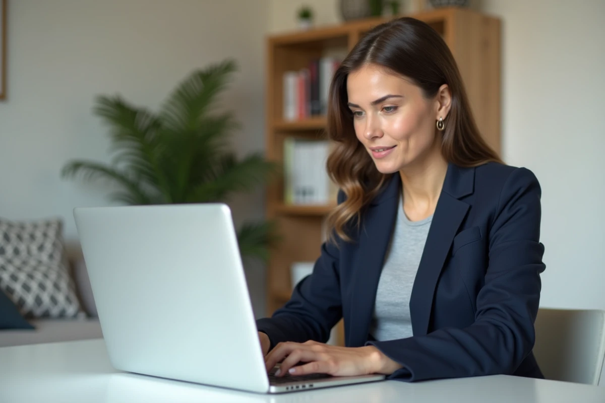 Femme professionnelle utilisant un outil de création de CV en ligne sur son ordinateur portable dans un bureau à domicile