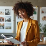 Femme créative dans un bureau éditorial moderne entourée de planches d'inspiration et de magazines de design