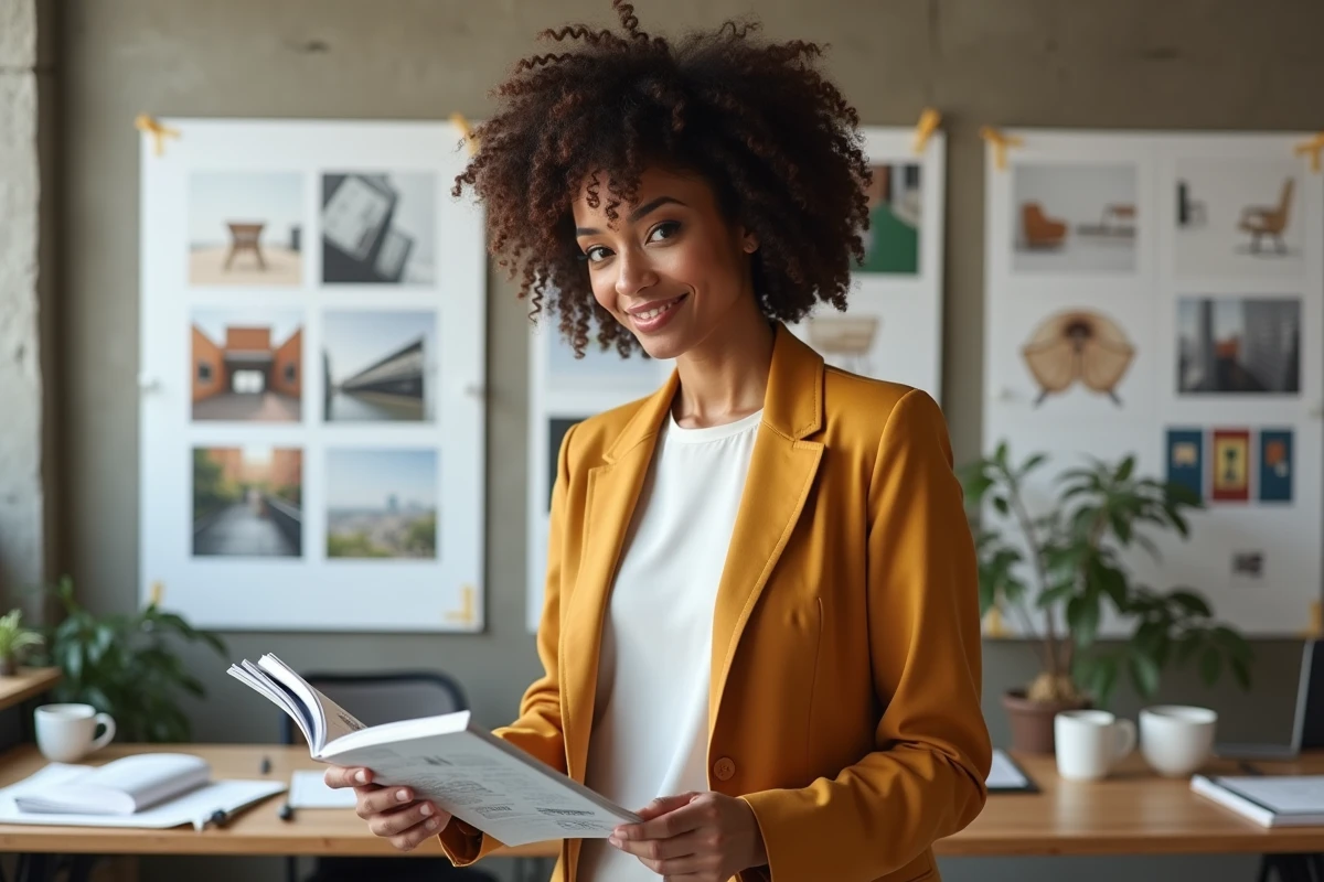 Femme créative dans un bureau éditorial moderne entourée de planches d'inspiration et de magazines de design