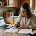 Femme consultant les démarches pour sa prime rénov à domicile avec des documents et un ordinateur portable