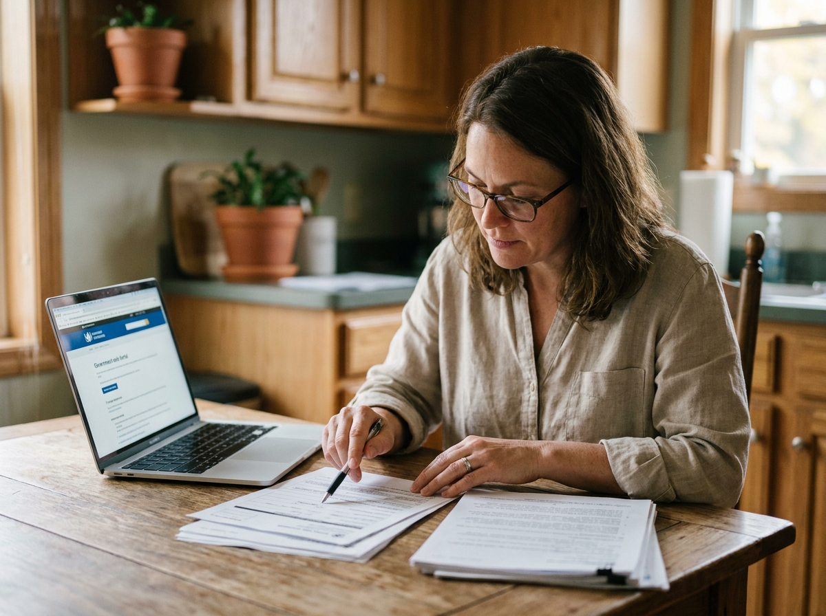 Femme consultant les démarches pour sa prime rénov à domicile avec des documents et un ordinateur portable